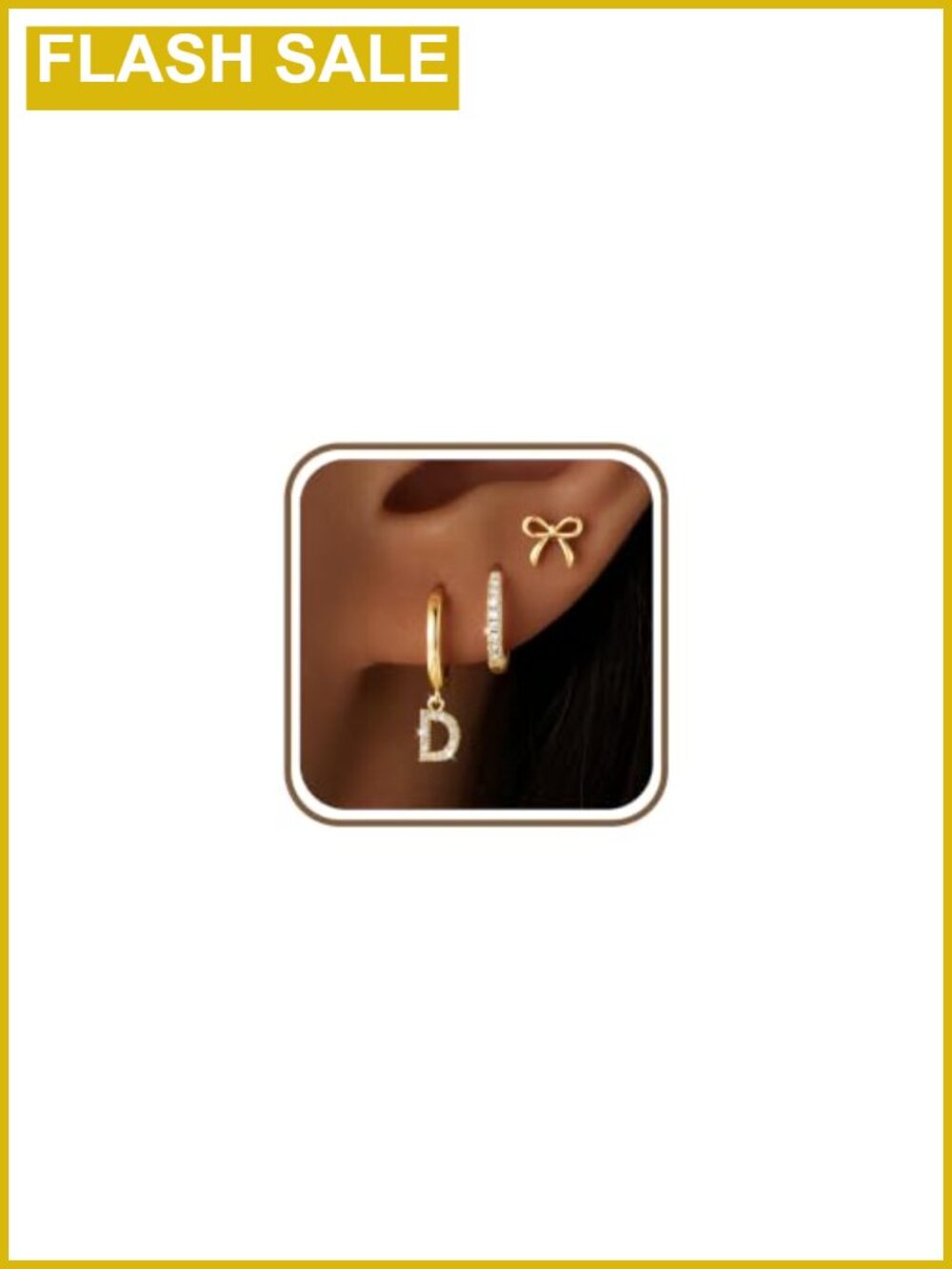 14K Gold Plated Hoop Earring Set Initial Bow CZ Huggie Small